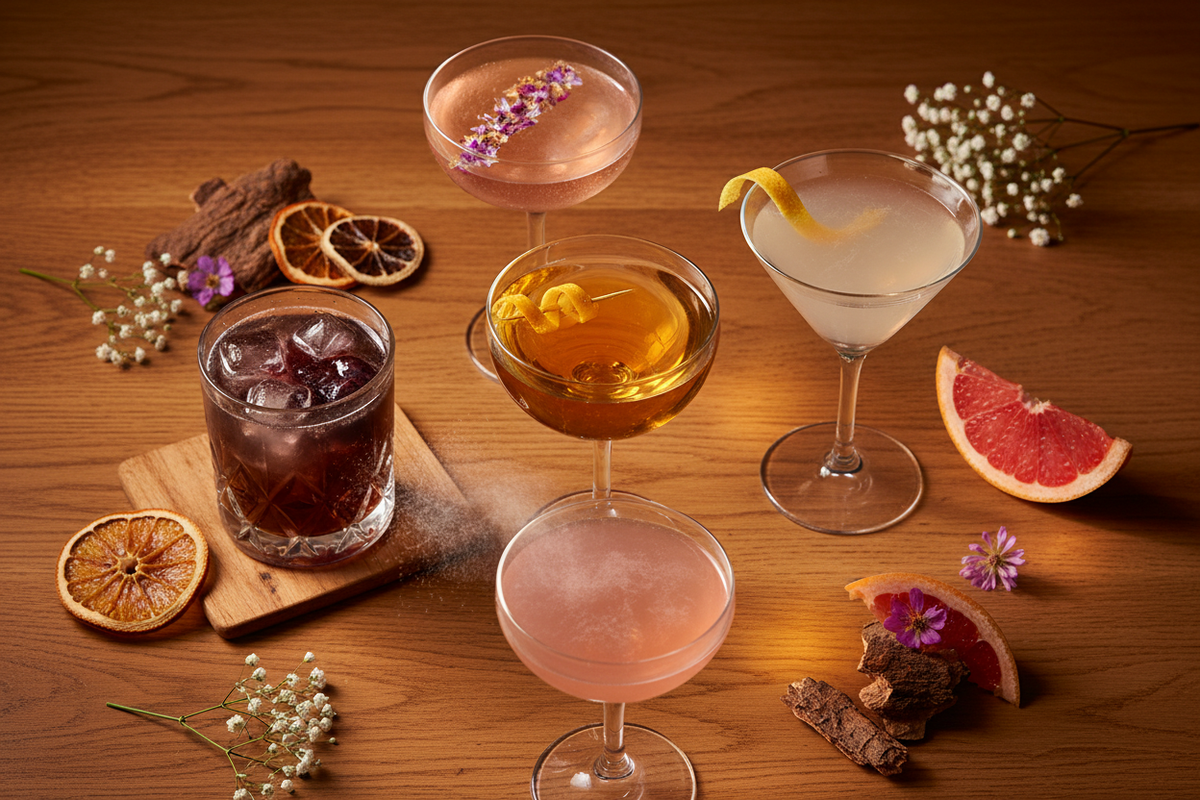 Berlin Aged Gin Cocktails Flatlay – Oaked Berlin, Black Ode, Fighting Fire und Pink Potion auf warmem Eichenholz mit Orangenzeste und Bluetengarnitur