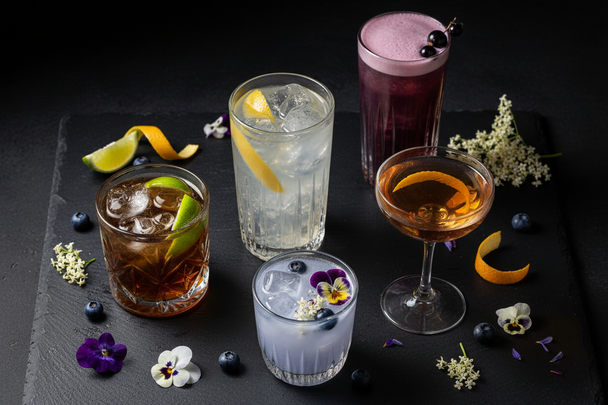 Berlin Dark Dry Gin Cocktails Flatlay – Night Fizz, Sommernachtstraum mit Blaubeeren und Dry Tonic mit Zitronenzeste auf schwarzem Schiefer