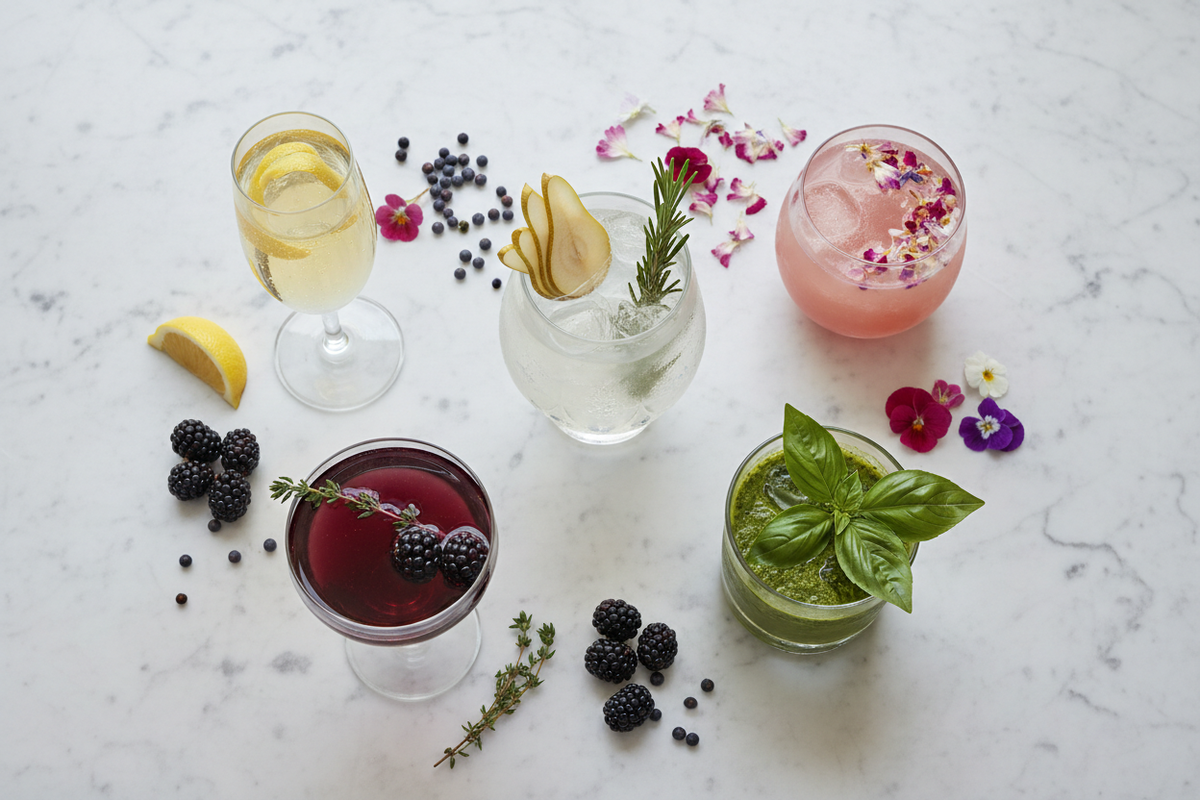 Berlin Dry Gin Cocktails Flatlay – Gin Birne, Bremble Royal mit Brombeeren, Basil Smash und Mummy's Rose mit Bluetengarnitur auf hellem Marmor