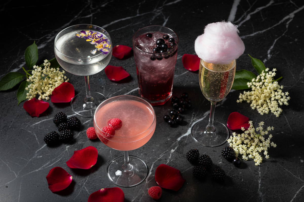 Berlin Dry Gin Kunstedition Cocktails – Beau de Jour mit Blueten, Berry Tonic mit Johannisbeeren und Berlinpoliton mit Himbeeren auf dunklem Marmor