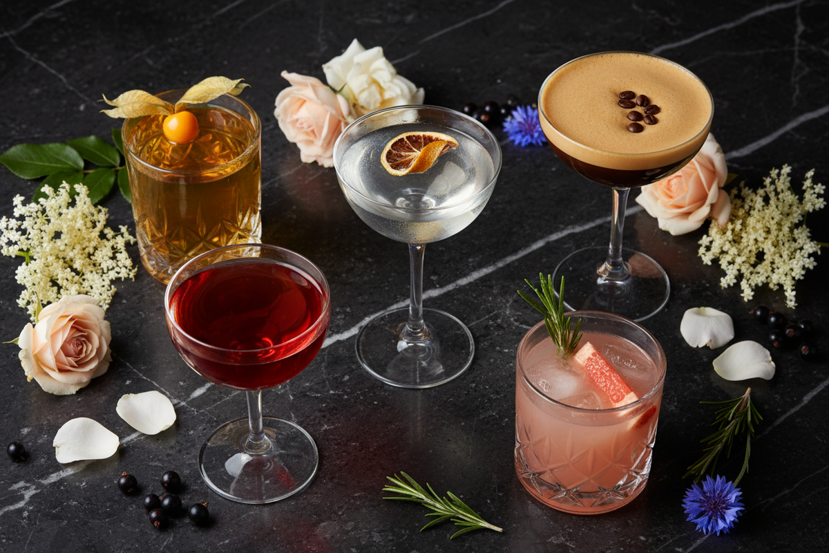 Berlin Vodka Cocktails Flatlay – Cosmopolitan, Espresso Martini, Grapefruit Smash und Marlons Choice mit Botanicals auf dunklem Marmor