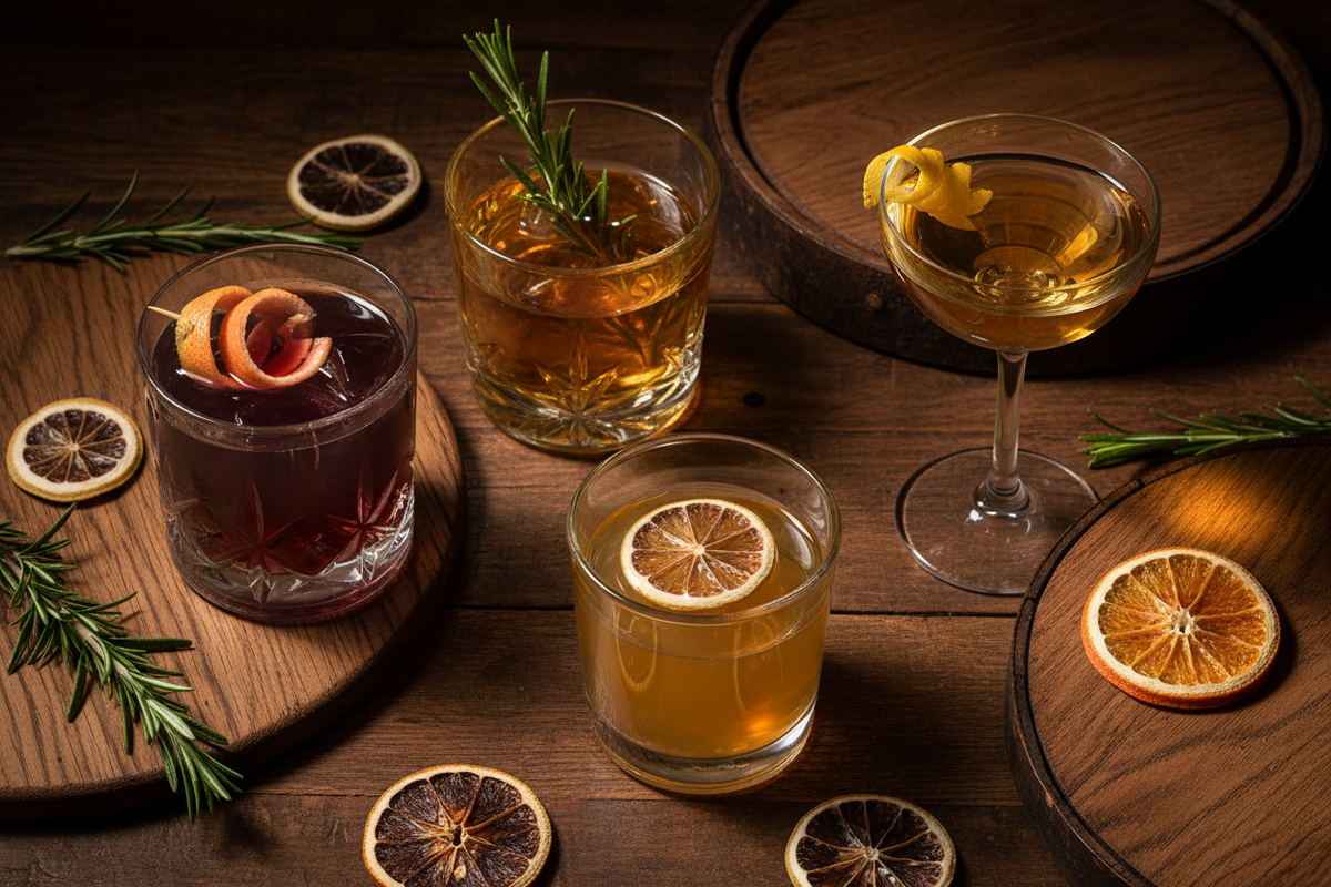 Berliner Brandstifter Gelagerter Kornbrand Cocktails Flatlay – All Black, More Than A Fako, Oldest Fashion und Mister Lang auf dunklem Eichenholz