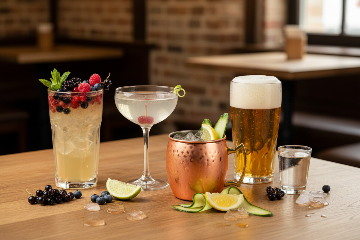 Berliner Brandstifter Premium Kornbrand Cocktails Flatlay – Korn Kir mit Beeren, Kornerstone mit Kirsche, Berlin Mule mit Gurke und Herrengedeck auf Holztisch