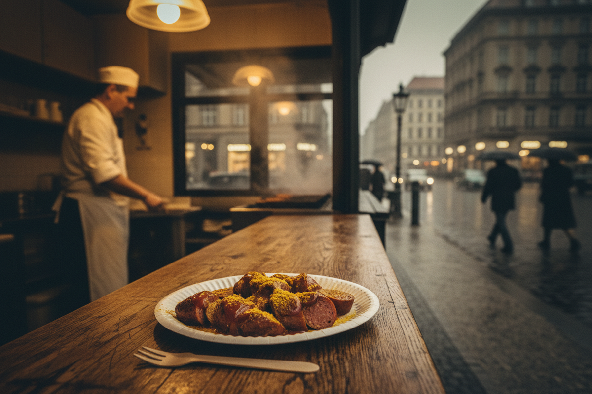 Berliner Currywurst Geschichte – klassischer Imbiss mit Currywurst auf Pappteller im nostalgischen Berliner Nachkriegsstil