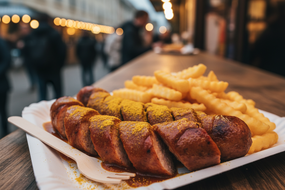 Berliner Currywurst Rezept – geschnittene Bratwurst mit Currysauce und Currypulver auf Pappteller mit Pommes