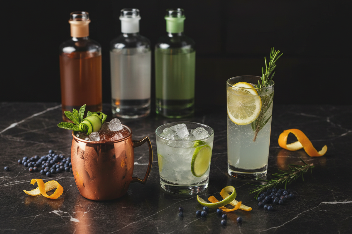 Berliner Spirituosen Flatlay – Gin, Vodka und Whisky Flaschen mit Cocktailglaeser, Botanicals und Shaker auf dunklem Schiefer