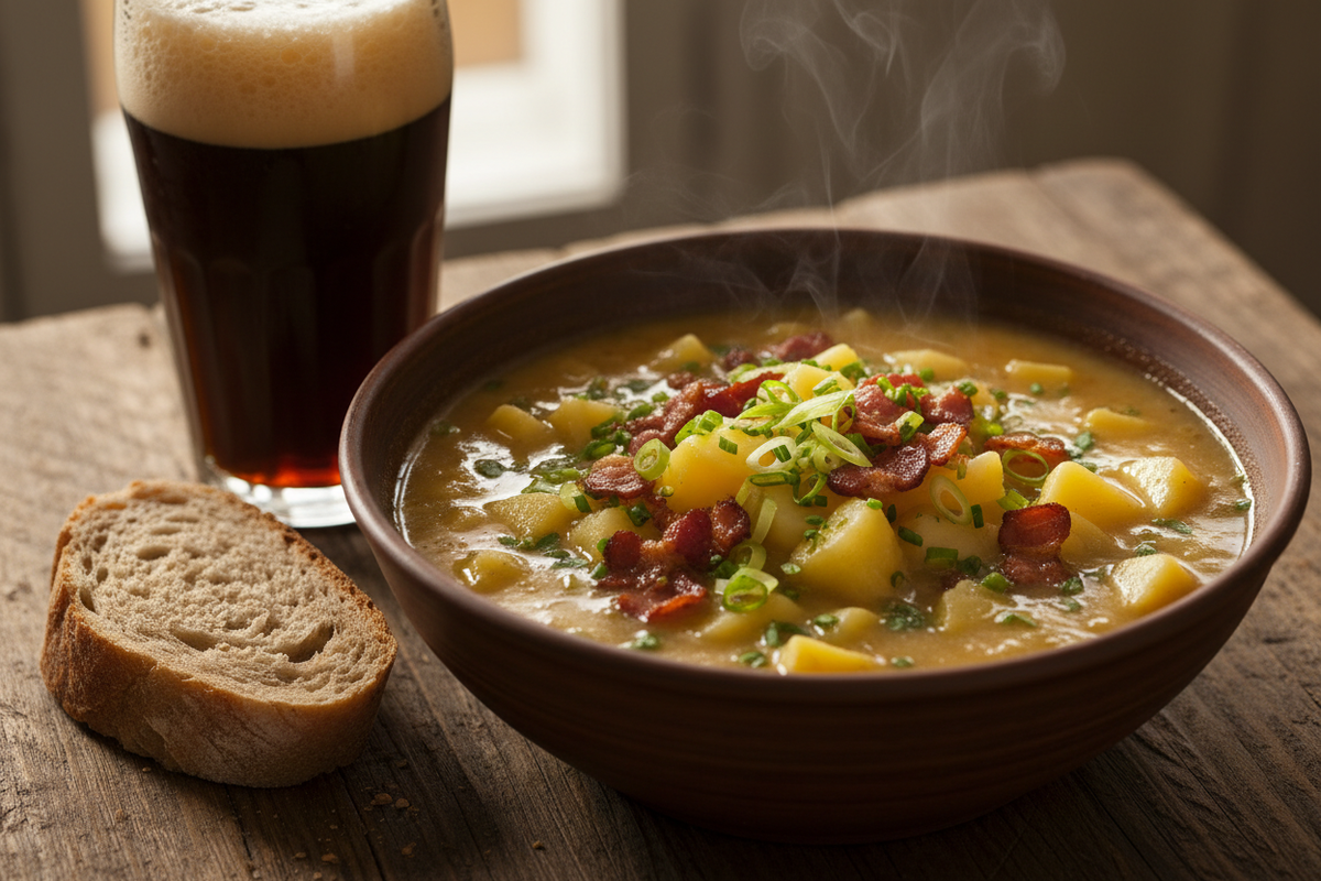 Berliner Kartoffel-Bier-Suppe Rezept – cremige Suppe mit Speck, Fruehlingszwiebeln und Schnittlauch im Keramiknapf mit Berliner Bier