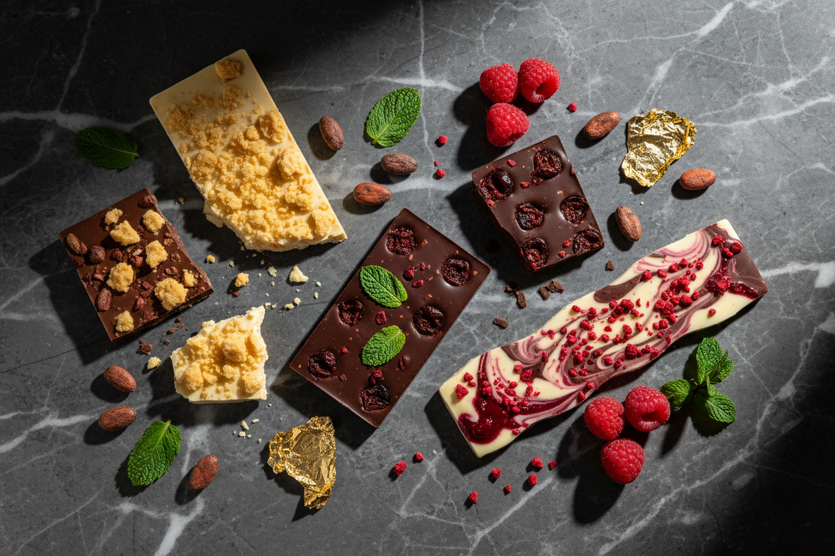 Berliner Manufakturschokolade Flatlay – Vollmilch mit Butterstreuseln, Zartbitter mit Kirsch-Minze und weisse Schokolade mit Himbeeren auf dunklem Marmor