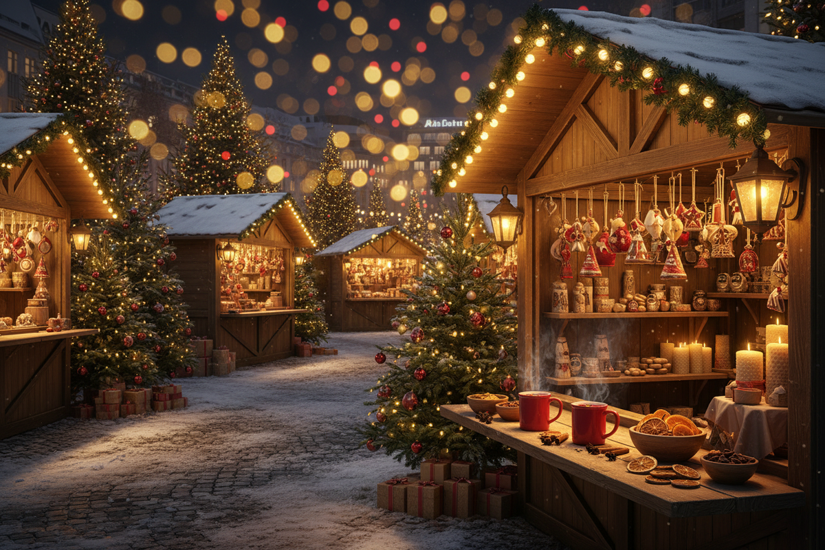 Berliner Weihnachtsmarkt 2024 – festlich beleuchtete Holzstaende mit Gluehwein, Weihnachtsschmuck und Schnee bei Nacht