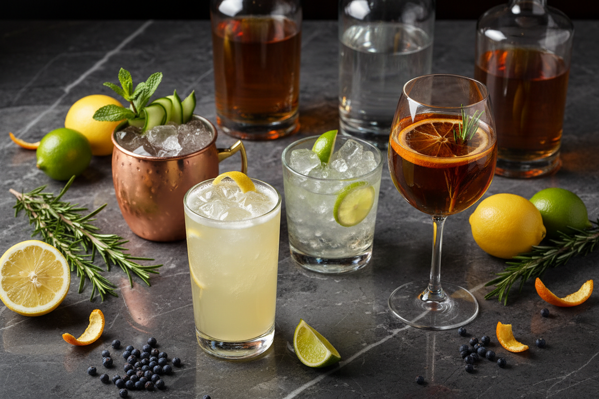 Mampe Berlin Cocktails Flatlay – Vodka Mule, Caipiroska, Gin Fizz und Berlin Spritz auf dunklem Marmor mit Berliner Spirituosen