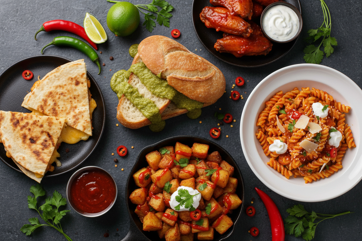 Crazy Bastard Sauce Rezepte Flatlay – Ciabatta-Sandwich, scharfe Pasta, Patatas Bravas, Quesadillas und Buffalo Wings mit Chilisaucen auf dunklem Schiefer