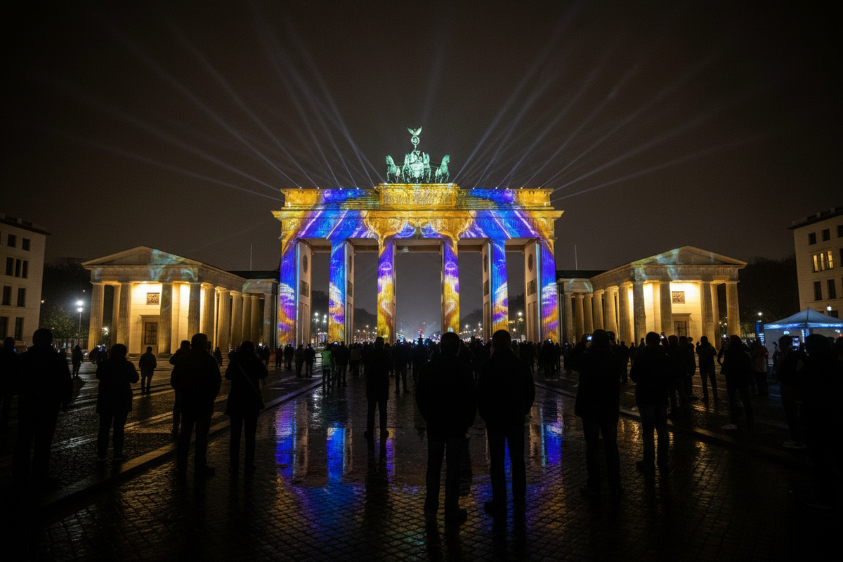 Festival of Lights Berlin 2024 – Brandenburger Tor in bunten Lichtprojektionen bei Nacht mit Besuchern auf dem Pariser Platz