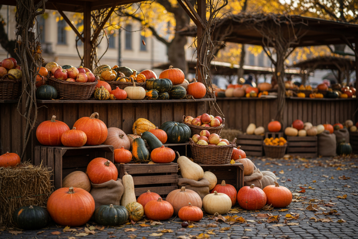Herbstmarkt Berlin – bunte Kuerbisse und Aepfel in Koerben auf Holzkisten mit Herbstblaettern bei goldenem Nachmittagslicht