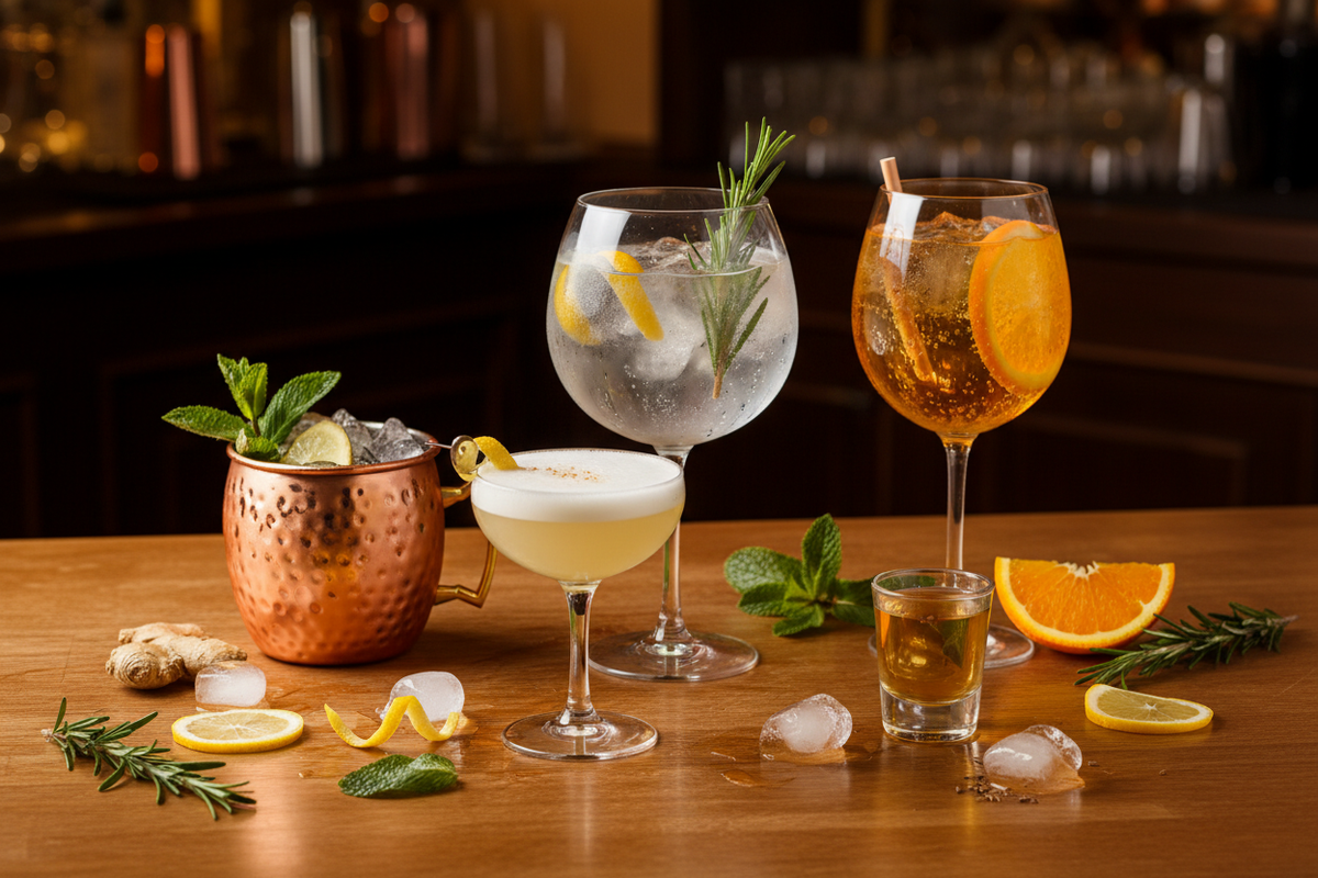 Mampe Spirituosen Berlin Flatlay – Gin Tonic mit Rosmarin, Moscow Mule, Spritz und Digestif auf warmem Barholz
