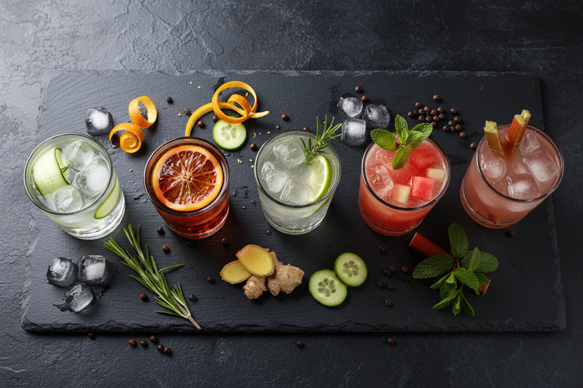 Spree Gin Cocktails Flatlay – Gin Tonic mit Gurke, Spreegroni mit Orange, Berlin Buck mit Ingwer und Watermelon Man auf dunklem Schiefer