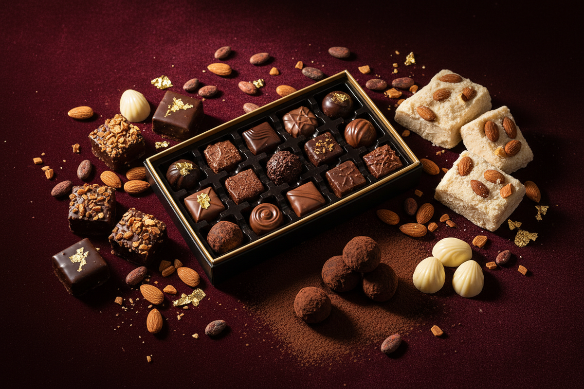 Sawade Berlin Pralinen Flatlay – handgefertigte Pralinen, Trueffel, Marzipan und Blatterkrokant in Geschenkbox auf dunklem Samt
