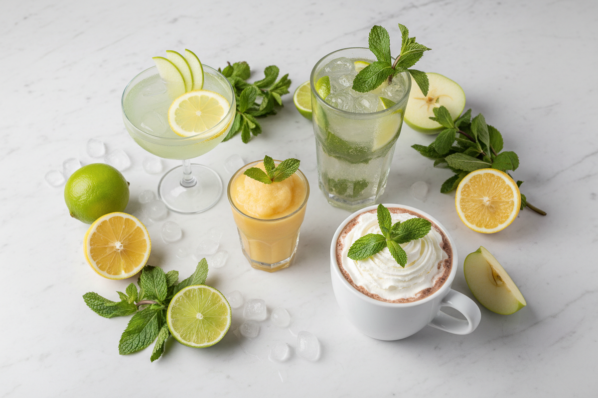 Berliner Luft Cocktails Flatlay – Frozen Mango, Mojito mit Minze, Berliner Sour und heisser Kakao auf hellem Marmor