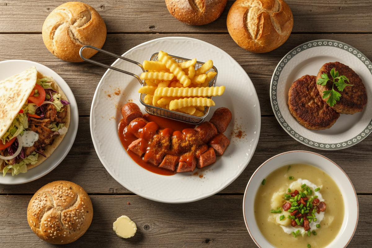 Berliner Spezialitaeten Flatlay – Currywurst, Buletten, Doener Kebab und Kartoffelsuppe auf rustikalem Holztisch