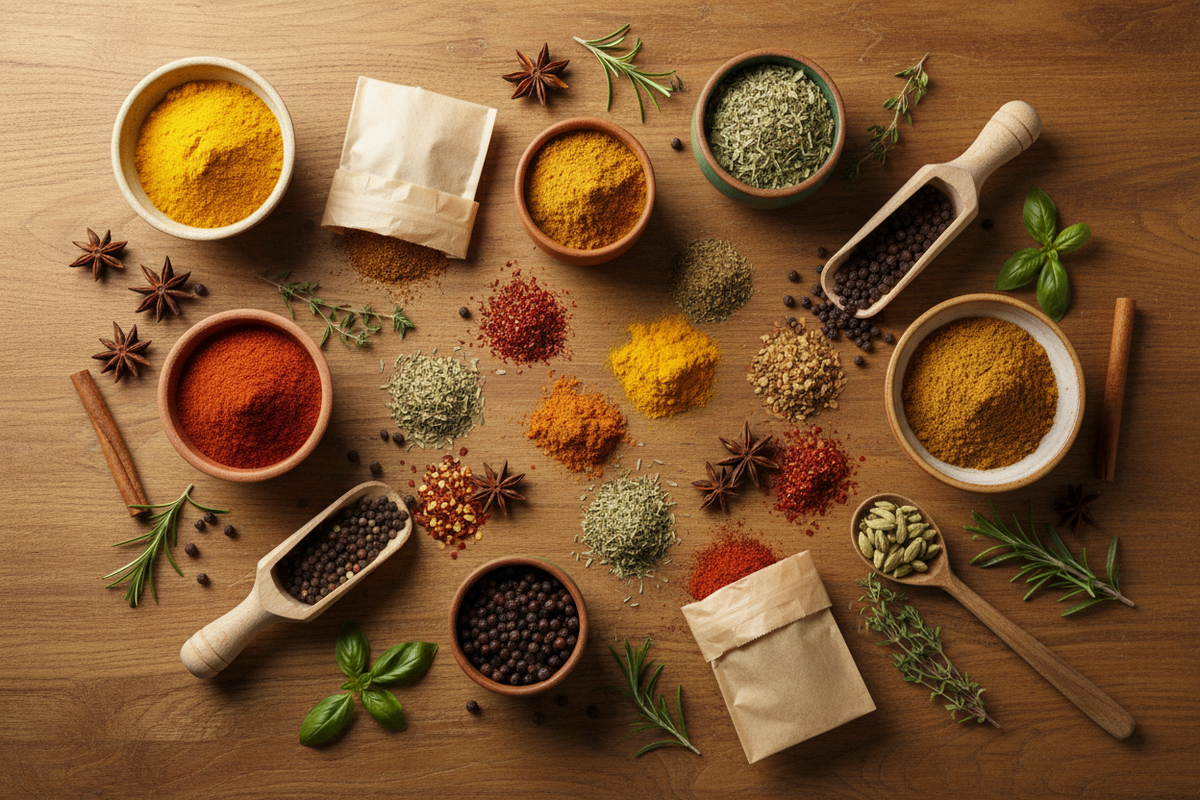 Spicebar Berlin Bio-Gewuerze Flatlay – bunte Gewuerzmischungen in Kraftpapiertueten und Keramikschalen auf warmem Holz