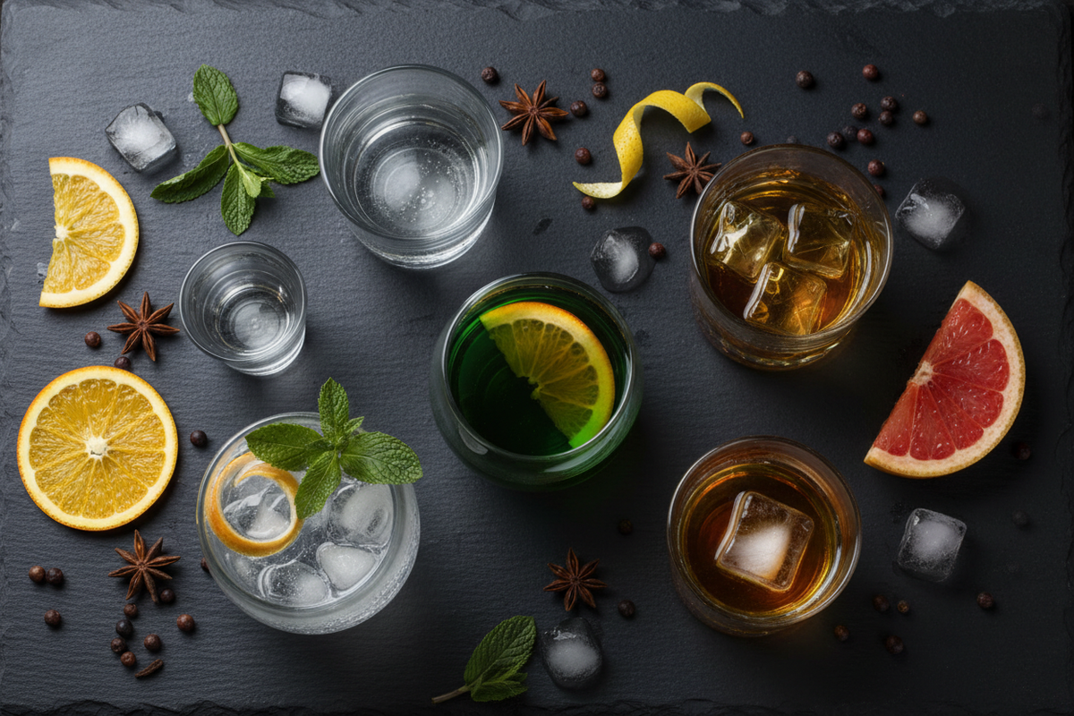 Top 6 Berliner Spirituosen Flatlay – Kraeuterlikoer, Kornbrand, Whisky, Vodka, Gin und Rum in Glaeser auf dunklem Schiefer