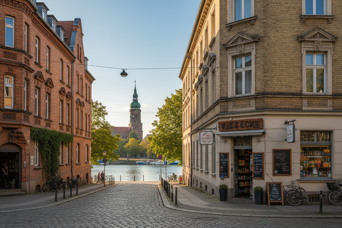 Berlin-Rummelsburg Noeldnerstrasse – historische Backsteinhaeuser, Kirchturm und Kiez-Atmosphaere an der Rummelsburger Bucht