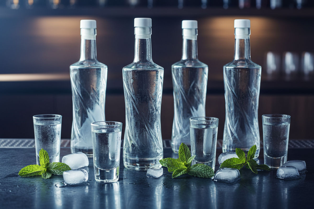 Berliner Luft Pfefferminzlikör mit Flasche und Shot-Gläsern stilvoll präsentiert