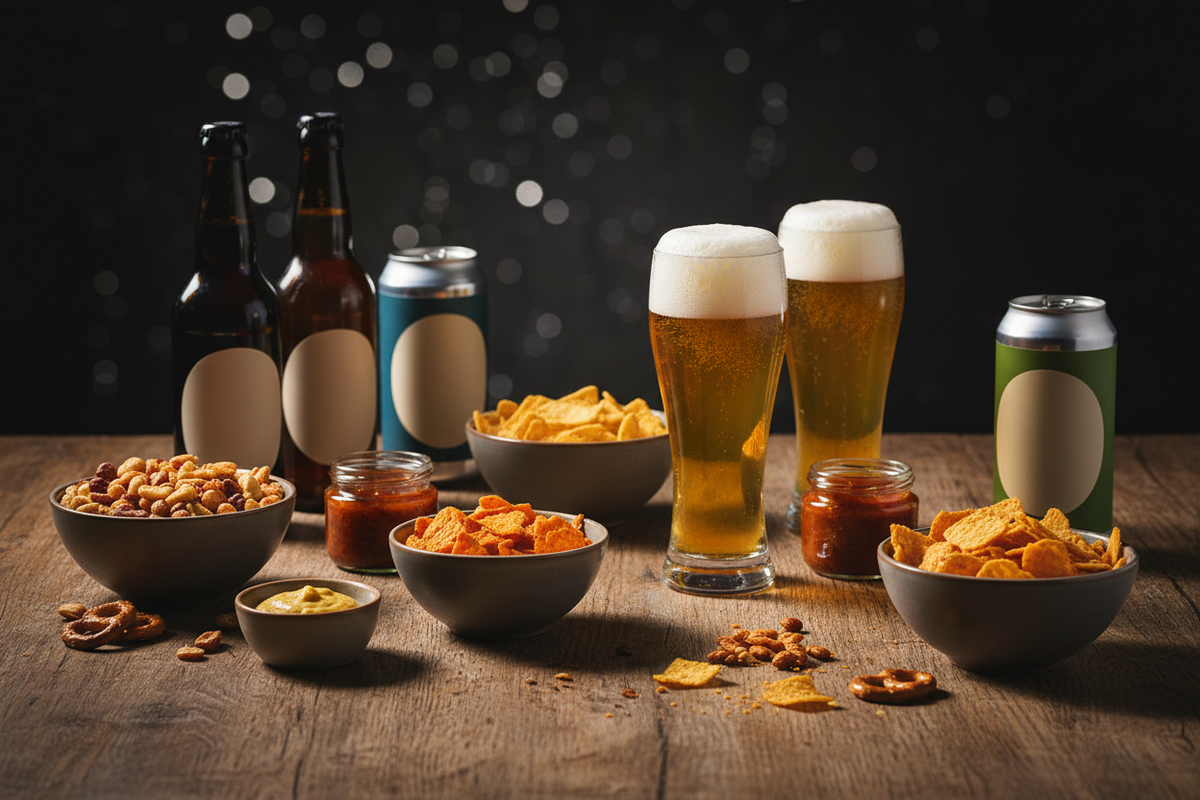 Berliner Bier, Snacks und Feinkost für den Fußballabend stilvoll präsentiert