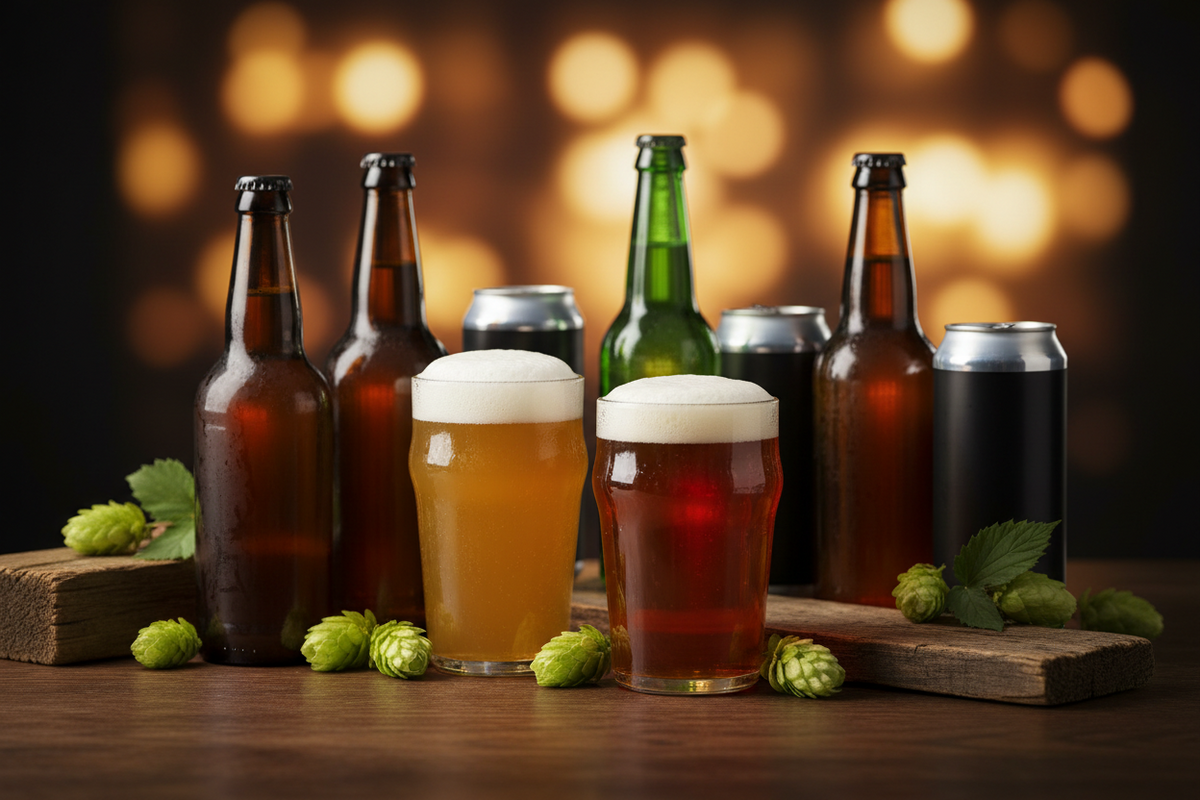 Berliner Craft Biere mit Flaschen und eingeschenktem Bier stilvoll präsentiert