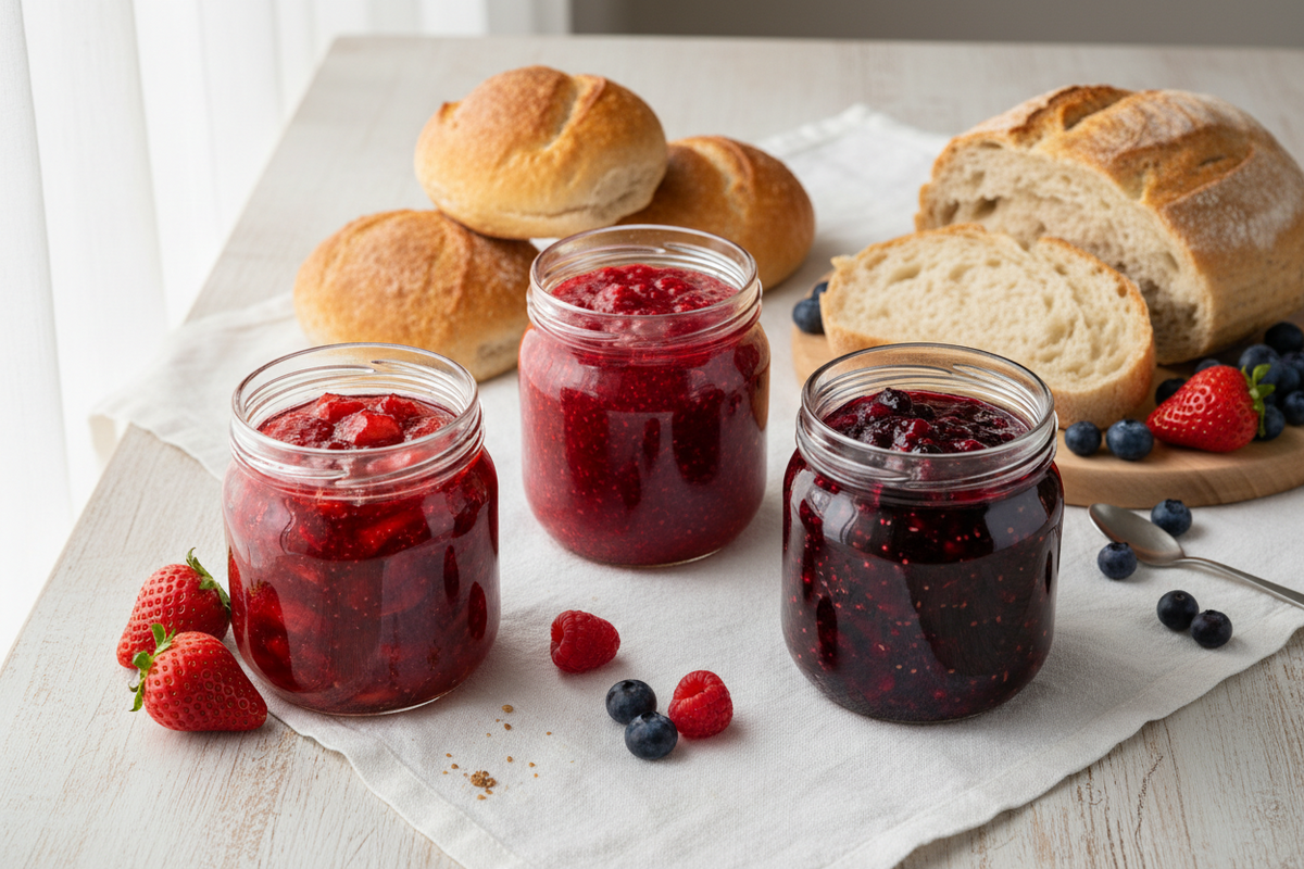 Berliner Fruchtaufstriche mit Erdbeeren und Himbeeren stilvoll präsentiert