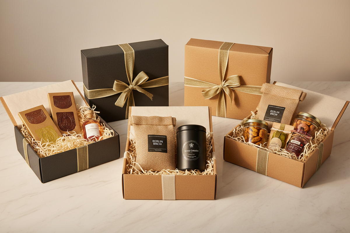 Berliner Geschenksets mit Feinkost, Schokolade und Spezialitäten hochwertig präsentiert