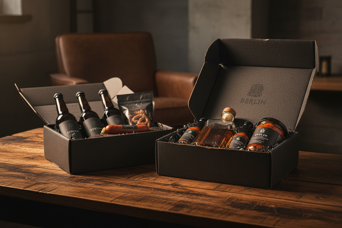 Berliner Geschenksets für Männer mit Bier, Snacks und Spezialitäten stilvoll präsentiert