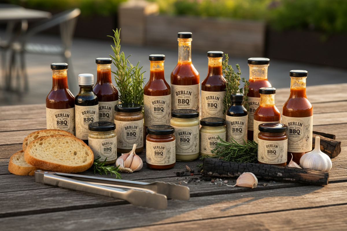 Berliner BBQ-Saucen, Gewürze und Grillprodukte stilvoll und hochwertig präsentiert