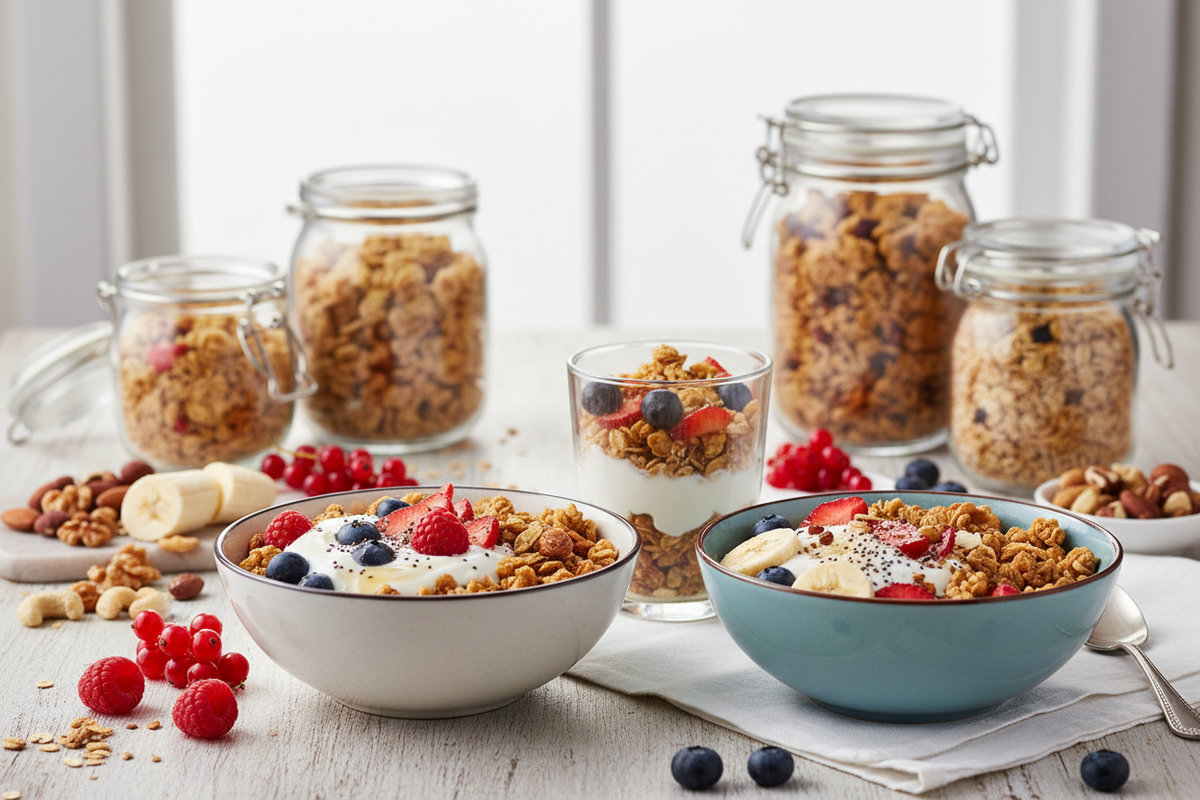 Berliner Müsli und Granola mit Früchten und Joghurt stilvoll präsentiert
