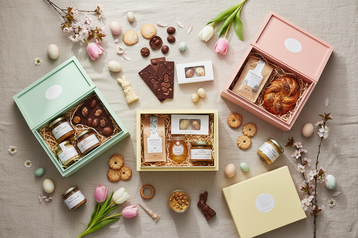 Berliner Ostergeschenke mit Schokolade, Kaffee und Feinkost festlich und frühlingshaft präsentiert