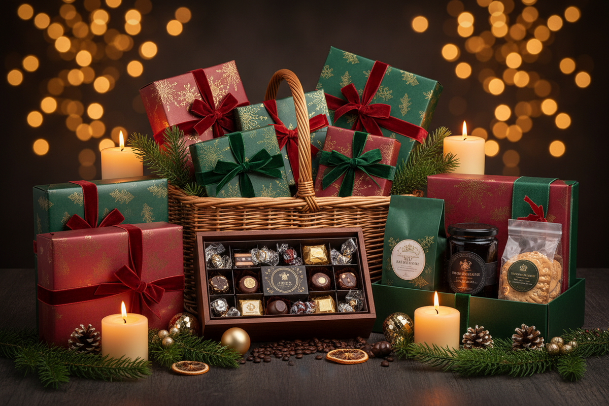 Berliner Weihnachtsgeschenke mit Feinkost, Kaffee und festlichen Geschenksets stilvoll präsentiert