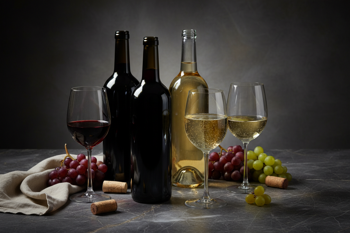 Berliner Wein und Sekt mit Flaschen und Gläsern stilvoll und hochwertig präsentiert