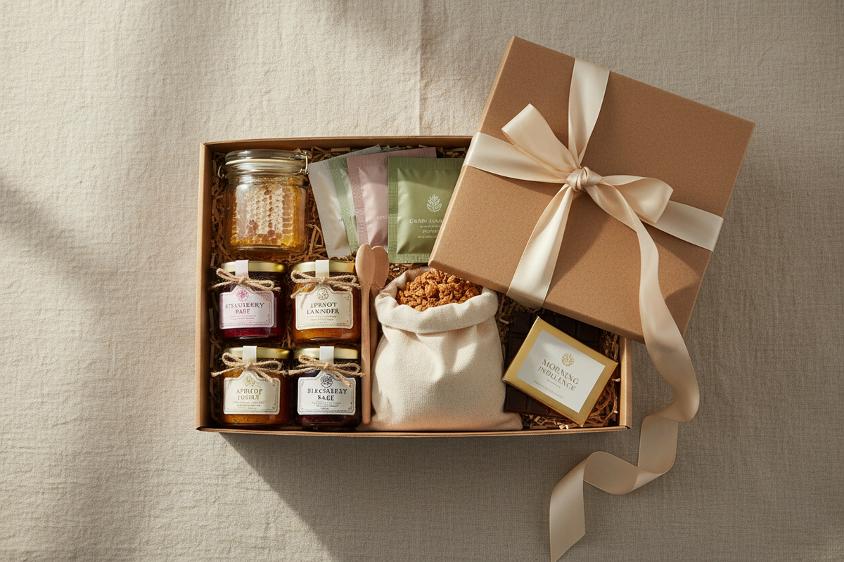 Premium-Frühstücksbox mit handverlesenen Spezialitäten auf Leinenstoff – Berliner Manufakturen