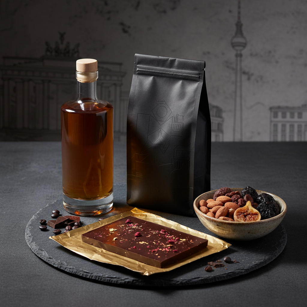 Elegantes Flatlay mit Berliner Manufakturen-Produkten – Spirits, Kaffee, Schokolade und Snacks auf dunklem Schiefer