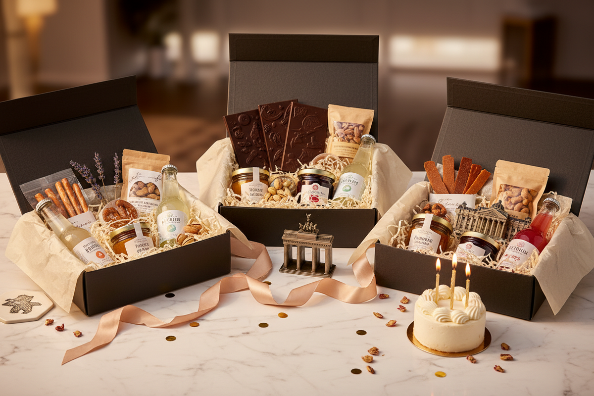 Berliner Geschenksets zum Geburtstag mit Feinkost und Spezialitäten stilvoll präsentiert