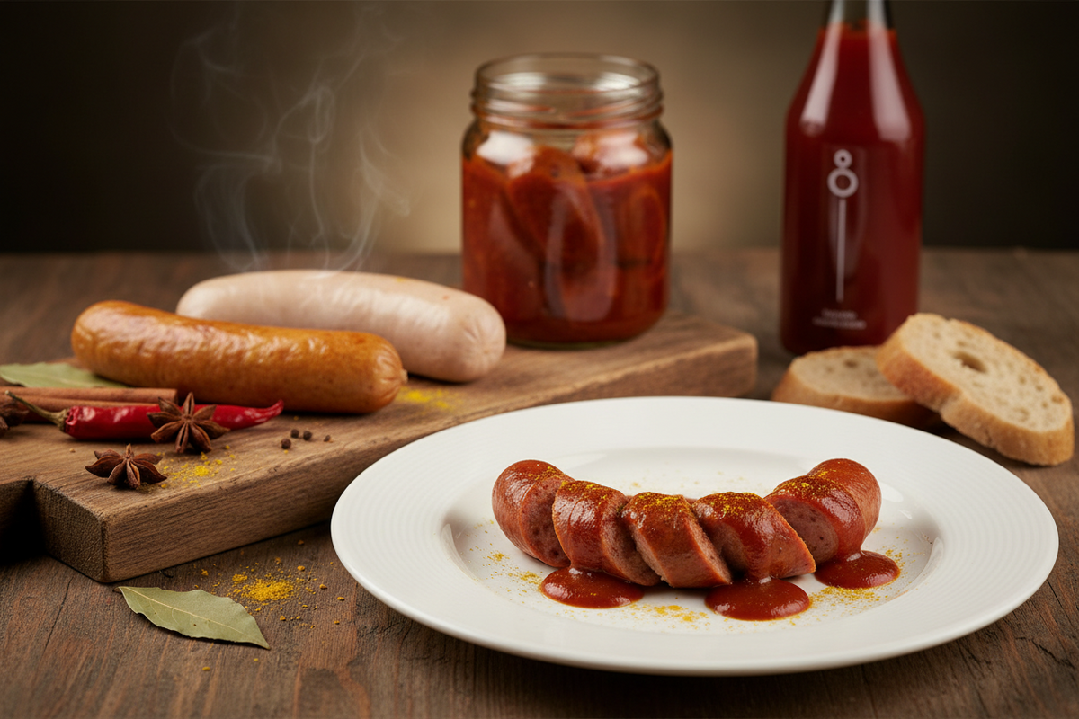 Berliner Currywurst und Wurstspezialitäten mit Sauce stilvoll und hochwertig präsentiert