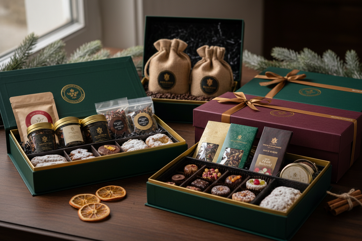 Berliner Weihnachtsgeschenke mit Feinkost, Kaffee und Schokolade festlich präsentiert
