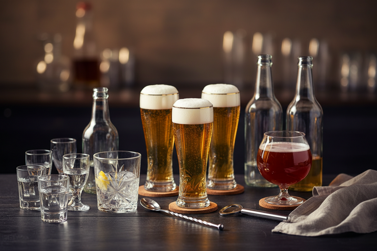 Berliner Gläser und Zubehör mit Bier- und Schnapsgläsern stilvoll präsentiert