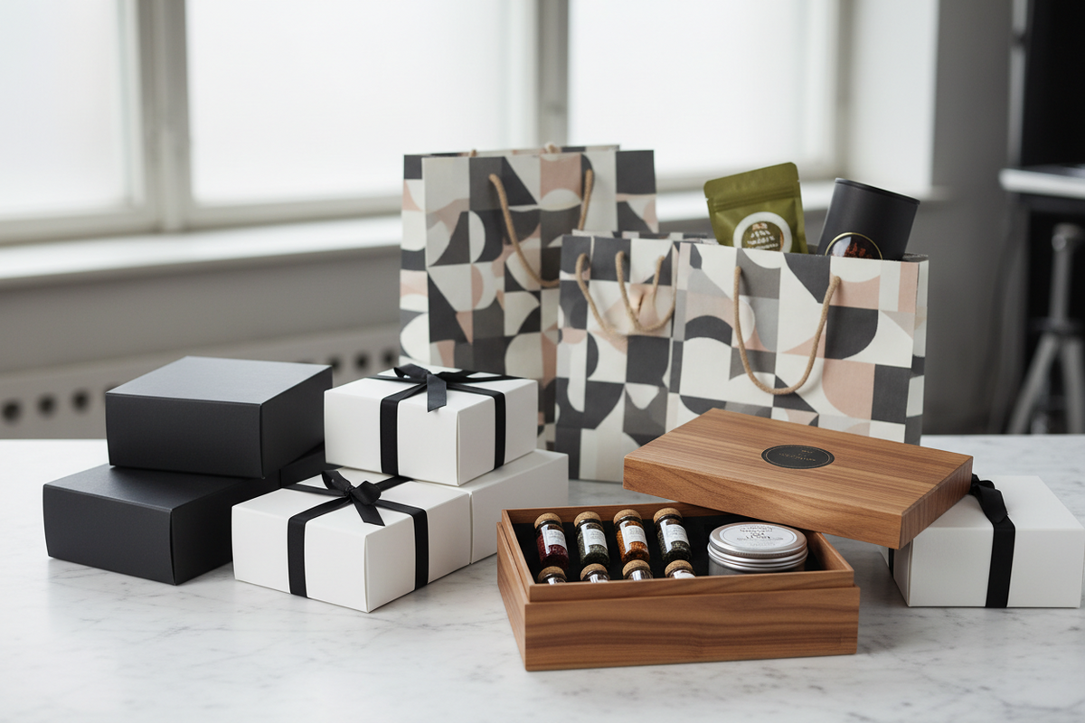 Berliner Geschenkverpackungen mit Präsentboxen und Geschenktüten stilvoll dargestellt