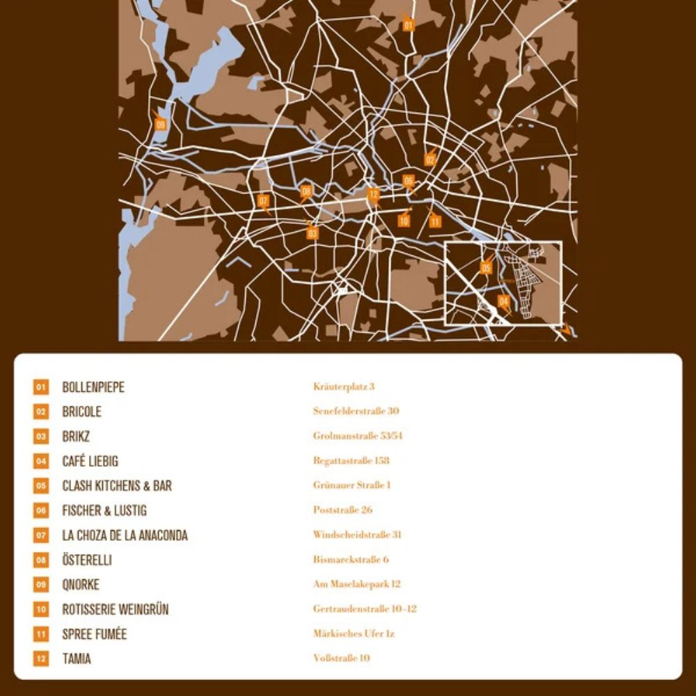 Innenseite mit Kartenübersicht und Namens-/Adresstabelle zu Berliner Restaurants