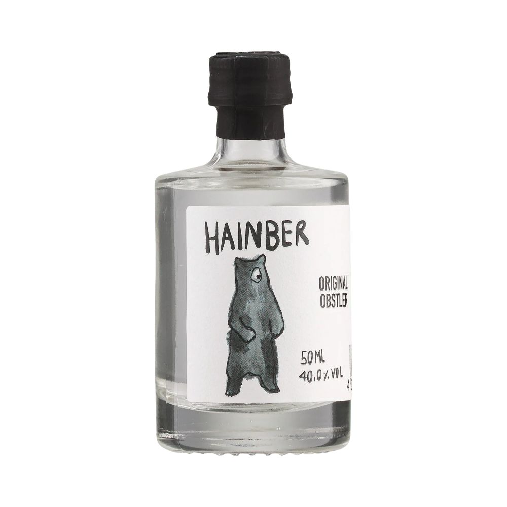 AA Spirits Hainber Obstler 50 ml, 40% vol: transparente Flasche mit schwarzer Kappe und Tieretikett