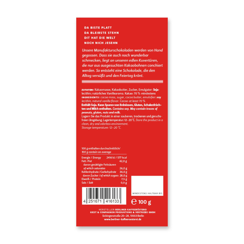 BKR Classic Line Edelbitter-Schokolade 70% Kakao 100g