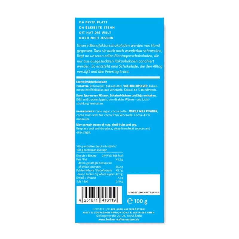 BKR Classic Line Edelvollmilch-Schokolade 43% Kakao 100g