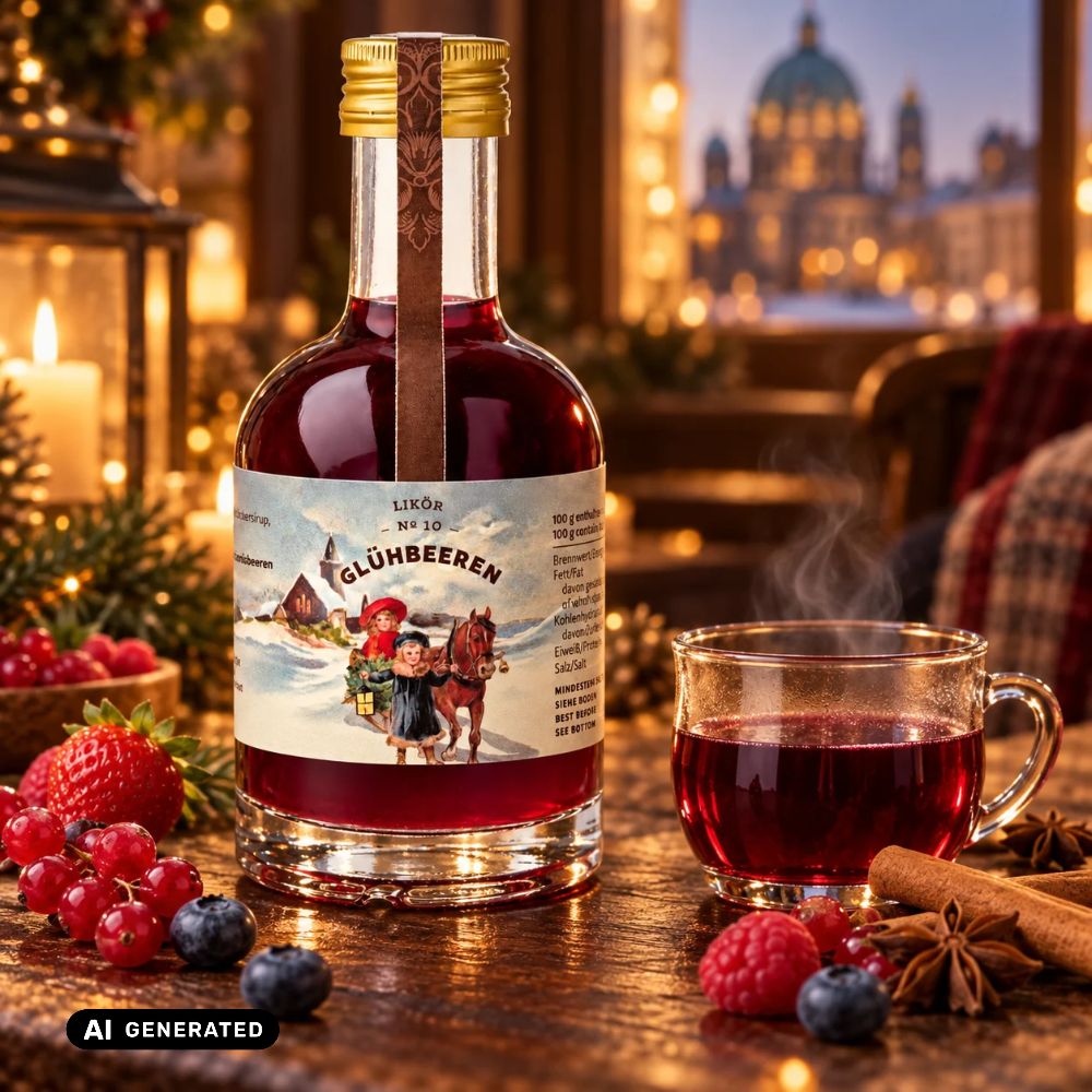 BKR Weihnachtslikör Glühbeeren Nr. 10: Flasche mit Becher Likör und Beeren