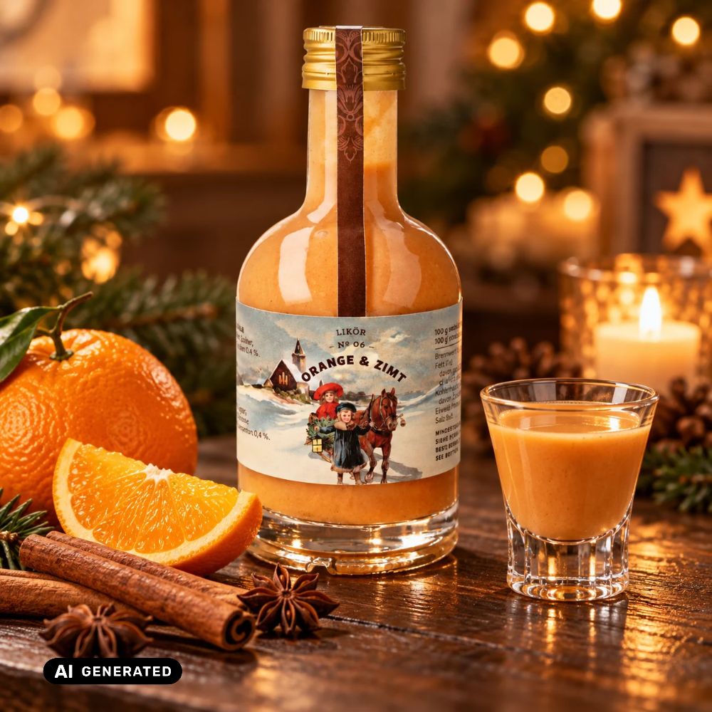 BKR Weihnachtslikör Orange-Zimt mit Glas, Orangenscheiben und Zimtstangen auf Holz