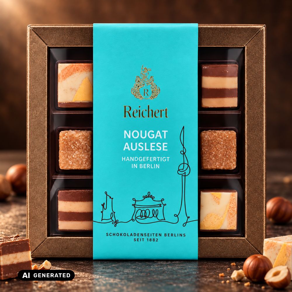 Geschlossene Nougat-Geschenkbox mit 9 Pralinenstücken, Reichert Nougat Auslese